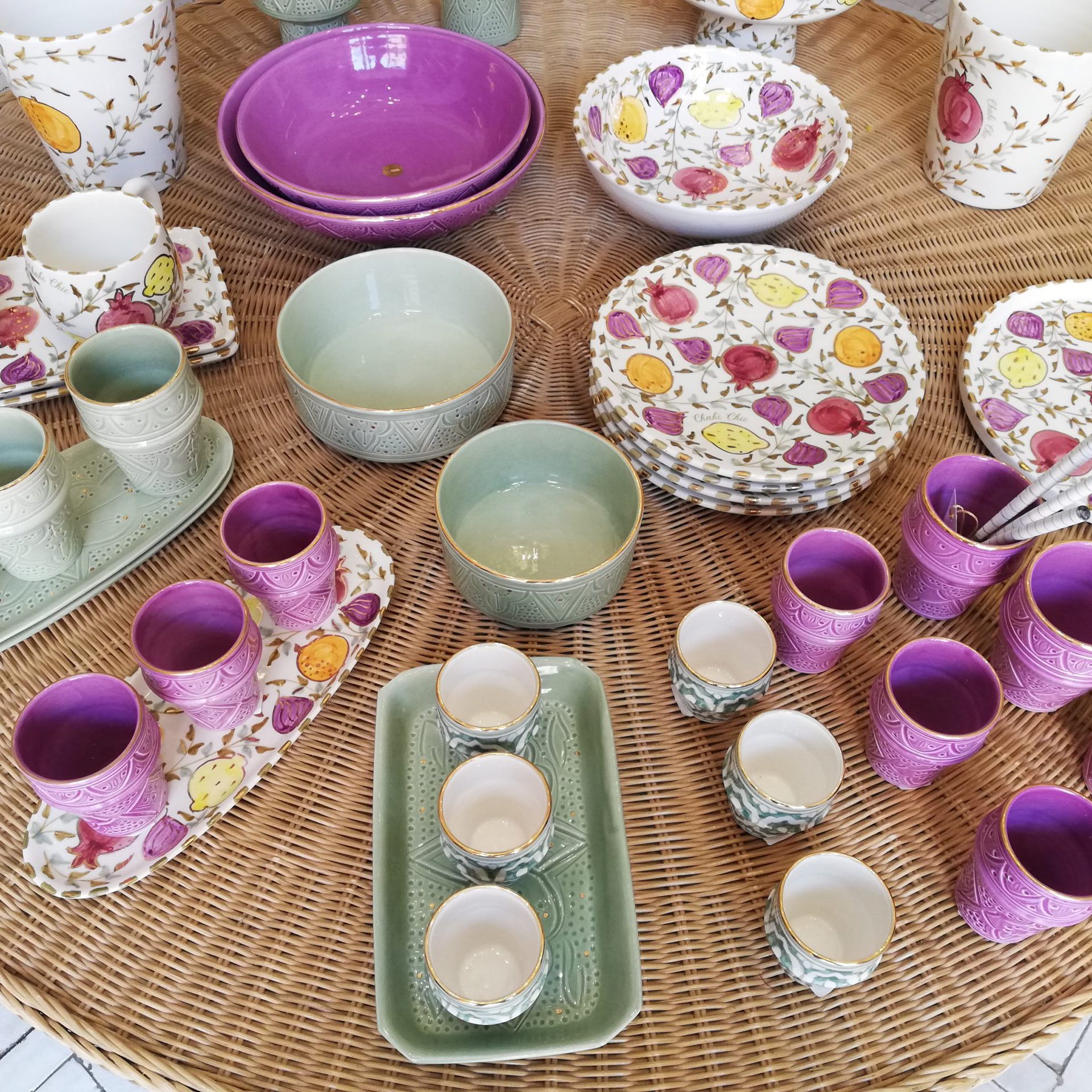 purple and green ceramics in Marrakesh, Morocci