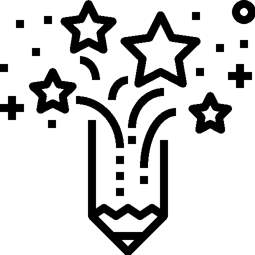 pencil facing down with lots of stars comning out on the top, creativity icon